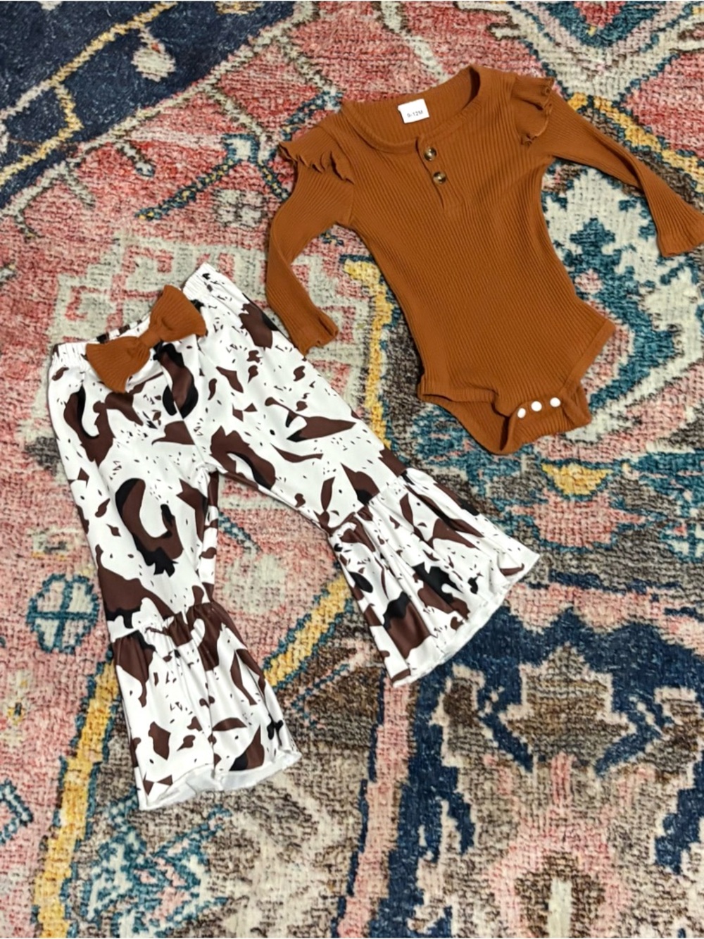 Ribbed Rust Brown Baby Bodysuit & Cow Print Ruffle Pants Set